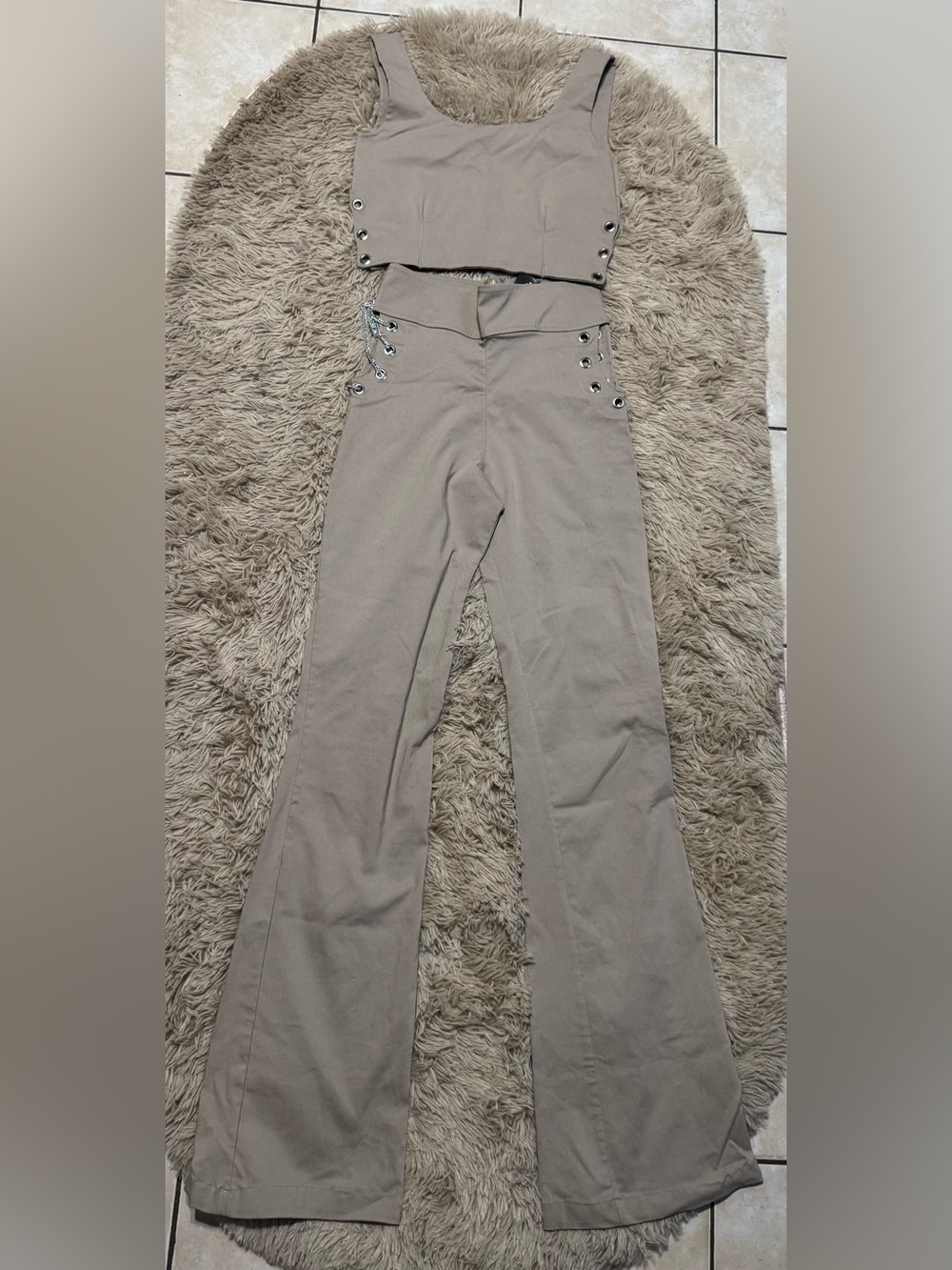 High-Waist Flared Pants with Eyelet Detail - Taupe